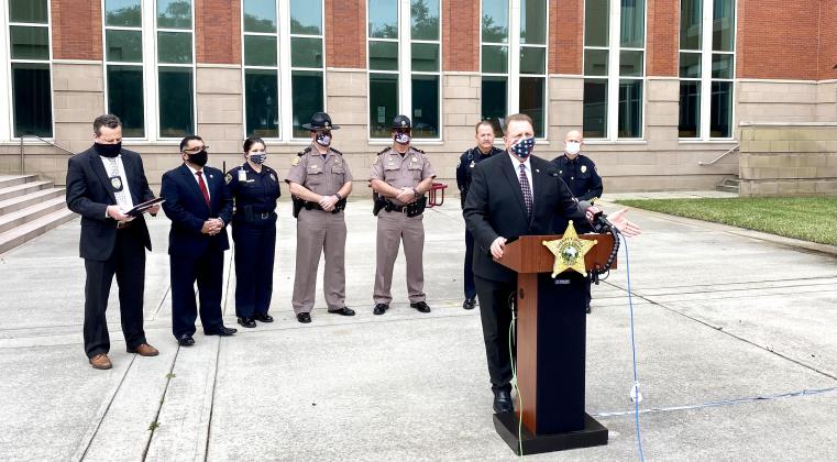 Sheriff Russ Gibson talks during a press conference on Wednesday about local organizations receiving seized drug money. News-Gazette Photo/Brian McBride