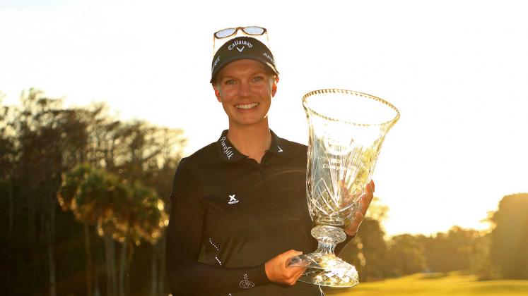 Madelene Sagstrom of Sweden poses with the trophy after winning the Gainbridge LPGA at Boca Rio on January 26, 2020 in Boca Raton. Photo:Mike Ehrmann/Getty Images 
