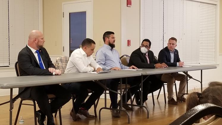 City Council Seat 3 candidates (from left) Phillip Lantry, Jose Martinez, Daniel Minckler, Victor Rivera and Kolby Urban participate in a Sept. 16 debate. PHOTO/KEN JACKSON