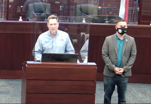 Osceola County Commission Chair Brandon Arrington (left) and state Rep. Darren Soto (D-Kissimmee) present a county rent assistance liaison program Aug. 9. PHOTO/OSCEOLA COUNTY
