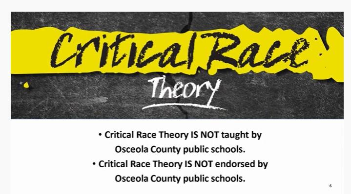 School Board Attorney Frank Kruppenbacher shared his research on Critical Race Theory at the last Board meeting — and it wasn't complimentary. This was one of the slides from his presentation.