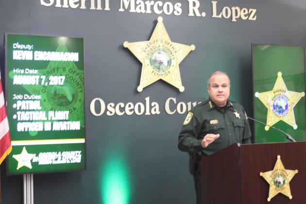 Sheriff Marcos Lopez makes the announcement Tuesday about the arrest of a deputy on obstruction charges. PHOTO/KEN JACKSON