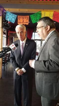 Osceola Clerk of Courts Kelvin Soto (right) and former Governor and current candidate Charlie Crist met Monday in downtown Kissimmee.