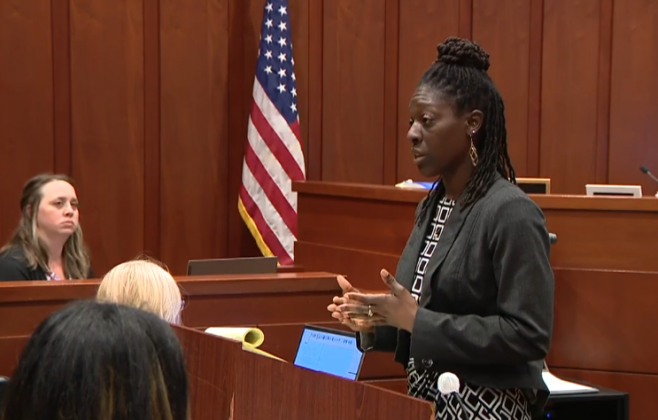 Defense Attorny Alisha Smith makes closing arguments, speaking of the "gaps and holes" in the state's case, to the jury Thursday in the Anthony Todt murder trial at the Osceola County Courthouse. PHOTO/NINTH CIRCUIT COURT