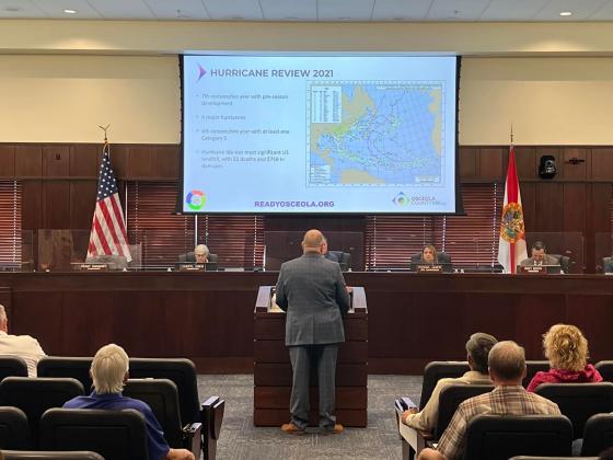 Osceola County Office of Emergency Management Director Bill Litton delivered a presentation Monday to Osceola County Commissioners, providing an update to department operations as well as a 2022 tropical weather forecast. PHOTO/ANDREW SULLIVAN