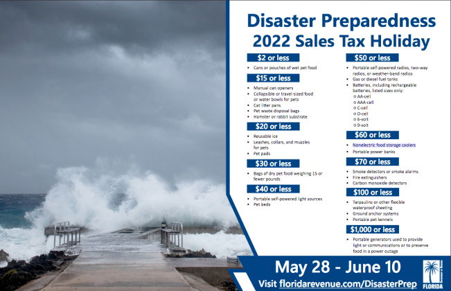 Starting Saturday and running through June 10, many hurricane survivals supplies will be sales-tax free during the state’s 2022 Disaster Preparedness Sales Tax Holiday.