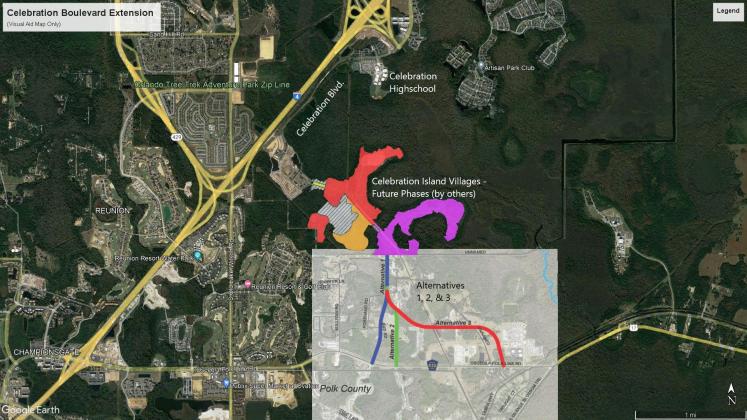 The county's feasibility study will evaluate three proposed alignments, shown here. GRAPHIC/OSCEOLA COUNTY