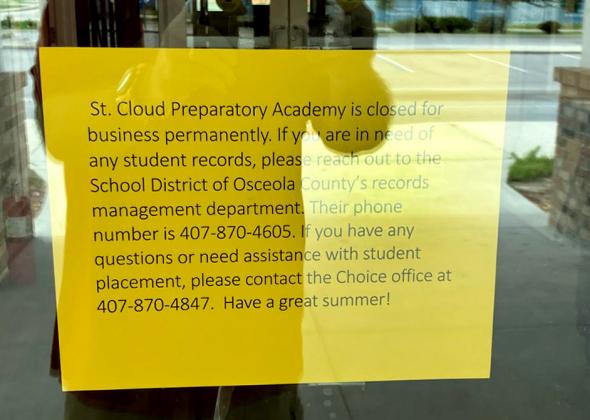 Outside of a sign on the door that the school is permanently closed, all signage at St. Cloud Preparatory Academy was removed shortly after the school year ended. The school has surrendered its charter. PHOTO/TERRY LLOYD