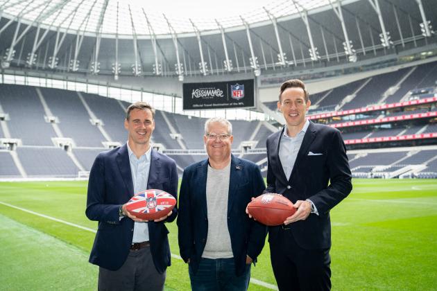 From left, Henry Hodgson, Managing Director of NFL UK, Experience Kissimmee CEO D.T. Minich and John Poole, Executive Director of Kissimmee Sports Commission, announced a travel partnership between EK and NFL UK. PHOTO/EXPERIENCE KISSIMMEE