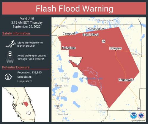 A Flash Flood Warning is for parts of Osceola County through 3 a.m. Thursday.