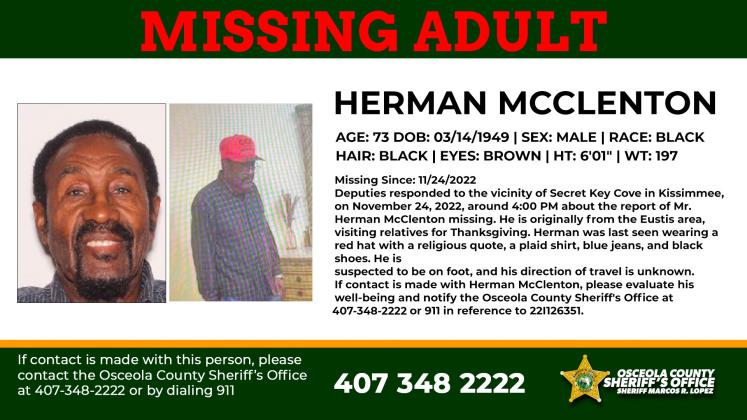 Herman McClenton reportedly went for a walk from the Secret Key Cove home the family is staying at on Thursday. He has not been seen since. PHOTO/OSC. CO. SHERIFF'S OFFICE