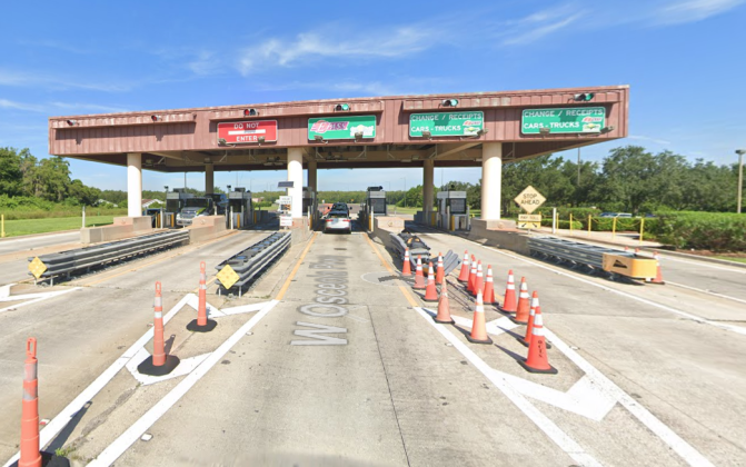 The familiar toll booths at the Osceola Parkway mainline plaza are scheduled for demolition May 5-8 after the road transitions to All-Electronic Tolling on May 1. GOOGLE MAPS