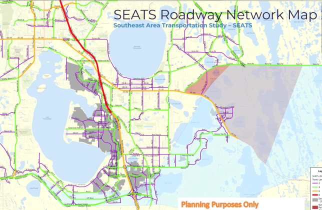 SEATS projected a series of roads expected to be built the Kissimmee Park Road area, based on the projected traffic volume those developments will contribute. The same study projects part of Florida’s Turnpike (red line) will need eight lanes. GRAPHIC/OSCEOLA COUNTY