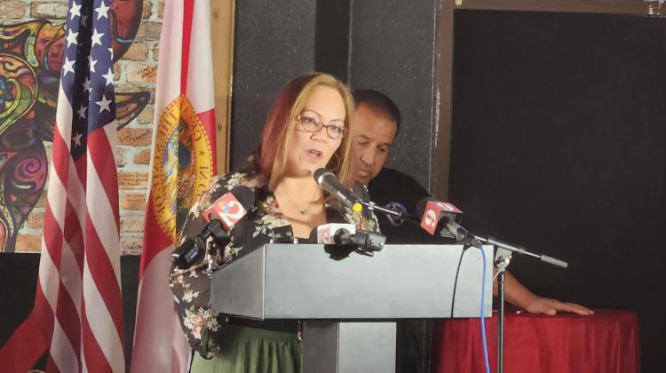 Jackie Espinosa addresses the arrest at a Monday press conference in downtown Kissimmee. PHOTO/KEN JACKSON