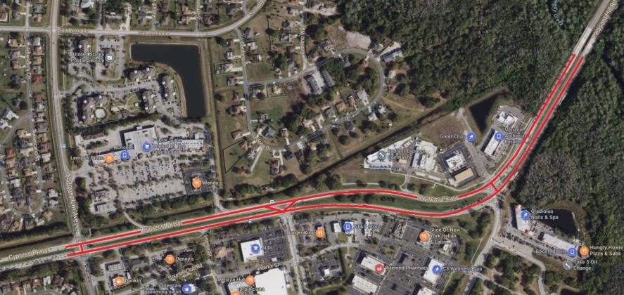 A busy stretch of Cypress Parkway is tentatively scheduled for resurfacing, starting Tuesday. GRAPHIC/OSCEOLA COUNTY