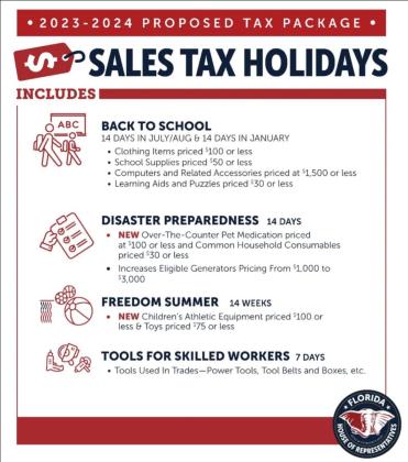 Part of the $117 billion past by legislators includes expanded sales tax holidays on back to school items, storm preparations and a "Freedom holiday" around July 4.