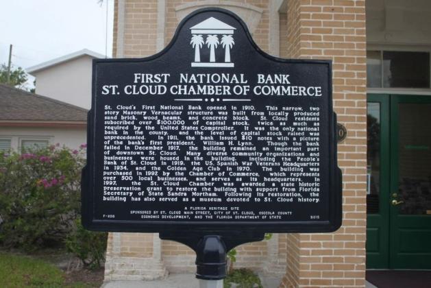 The former First National Bank that now houses the St. Cloud Chamber of Commerce hosts one of several Florida historical markers in downtown St. Cloud. PHOTO/HISTORICAL MARKER DATABASE