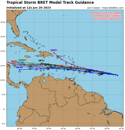 Nearly all computer models keep Bret a tropical storm that will head nearly due west through the Leeward Islands and south of Florida. GRAPHIC/TROPICAL TIDBITS