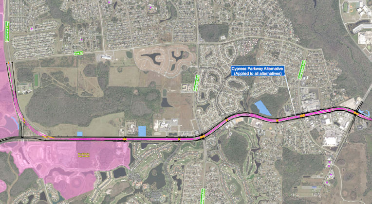 The western end of the Southport Connector includes an expressway in the Cypress Parkway median, raised to pass over cross streets. GRAPHIC/CFX