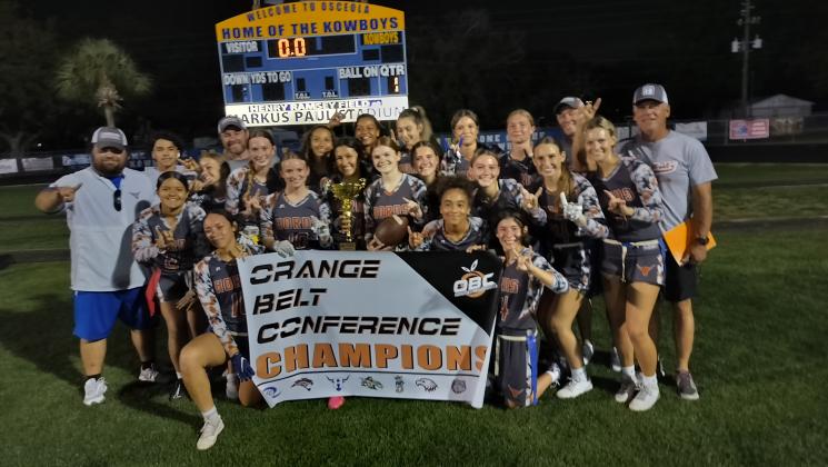 Champs again:  Harmony took the first OBC Championship of the spring sports season on Thursday night with a 19-12 flag football win over St. Cloud. It was Harmony’s fourth straight flag title and 10th in the last 13 years. PHOTO/J. DANIEL PEARSON 