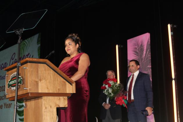 Teacher of the Year Vanessa Gomez gives a heartfelt speech at Wednesday's Education Awards. PHOTO/KEN JACKSON