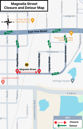 Magnolia Street closure and detour map. MAP/FDOT