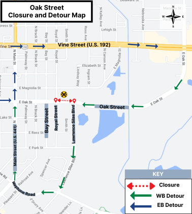 Oak Street closure at detour map. MAP/FDOT