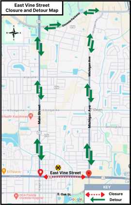 Vine Street (U.S. 192) closure and detour map. MAP/FDOT
