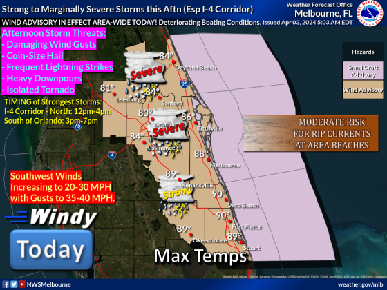 A possibility of strong to severe storms exists for Osceola County from 3-5 p.m. Wednesday. GRAPHIC/NWS MELBOURNE