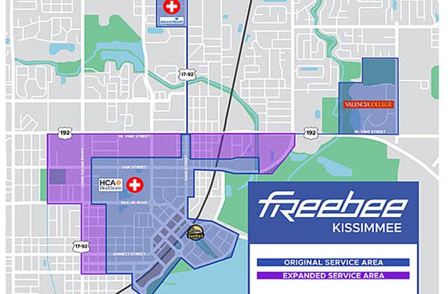 The City of Kissimmee has expanded the service area for its Freebee micro-local transport system around downtown Kissimmee and the surrounding area and to other local points of interest.  GRAPHIC/CITY OF KISSIMMEE