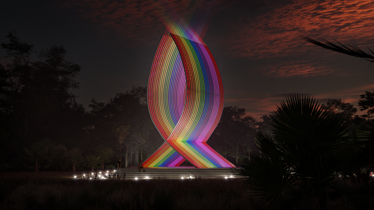 A nighttime rendering of “Wings of a Rainbow” will feature the names of the 49 Pulse shooting victims on reflective acrylic glass, set within a butterfly garden at Brownie Wise Park. PHOTO/OSCEOLA COUNTY