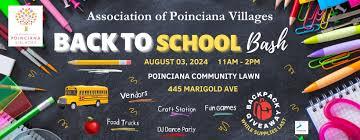 Last Saturday’s celebration will now be this Saturday’s celebration.  The Association of Poinciana Villages (APV) celebrates the new school year with their Back-To-School Bash on Saturday from 11 a.m. to 1 p.m.