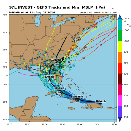 The "squashed bug" look of the earliest GFS ensemble model runs Thursday for Invest 97L. GRAPHJC/TROPICAL TIDBITS