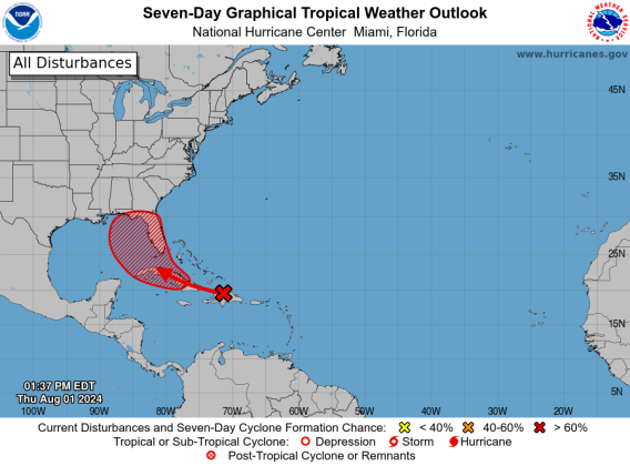 The National Hurricane Center gives Invest 97L a 70% chance of forming into a depression in the next 7 days, and a 30% chance in the next 2 days. GRAPHIC/NHC
