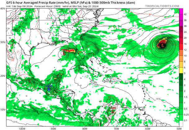 The GFS hurricane model for Sept. 21, with a potential tropical storm in the Gulf of Mexico near Florida and a major hurricane out in the Atlantic. GRAPHIC/TROPICAL TIDBITS