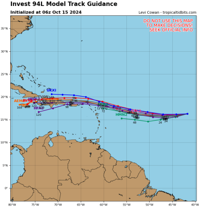 A tropical disturbance in the Central Atlantic is forecast to continue moving west over the next week. GRAPHIC/TROPICAL TIDBITS