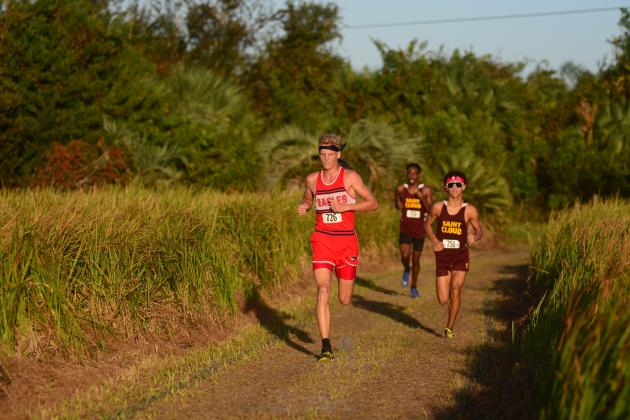 Poinciana's Levi Lee runs at the front of the pack in Wednesday's Orange Belt Conference boys cross country race. PHOTO/DONALD LAMB