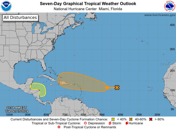 A tropical disturbance in the Central Atlantic is forecast to continue moving west over the next week. GRAPHIC/NC