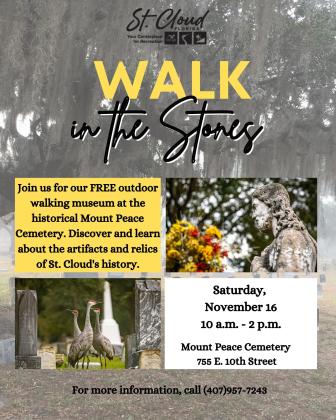 Walk in the Stones, presented by the City of St. Cloud, is a free outdoor walking museum at the historical Mt. Peace Cemetery at 755 E. 10th St. on Saturday, Nov. 16 from 10 a.m. to 2 p.m.