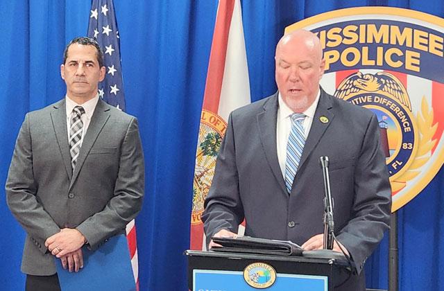 Maj. Robert Anzueto, at left with City Manager Mike Steigerwald, laid out his plans last week for fixing both Kissimmee Police Department’s internal problems and its reputation in the community. PHOTO/KEN JACKSON