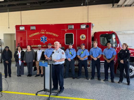 Kissimmee Fire Chief Jim Walls speaks during the special recognition event held last Thursday at Kissimmee Fire Department Station No. 11. PHOTO/DAVID CHIVERS