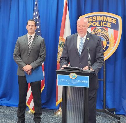 Kissimmee City Manager Mike Steigerwald introduces Maj. Robert Anzueto as Kissimmee's interim police chief, brought in to guide the department through the aftermath of a state investigation into its reporting of use of force cases. PHOTO/KEN JACKSON