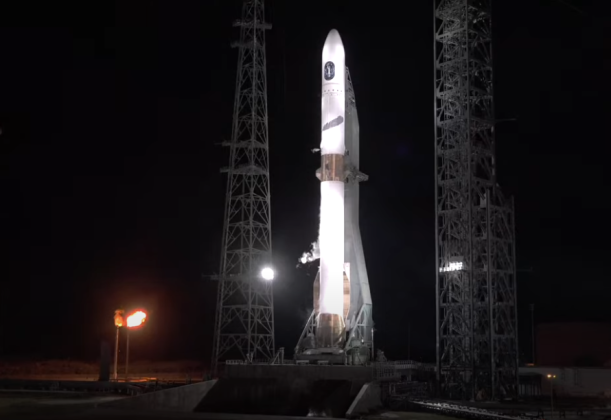The Blue Origin New Glenn rocket readies for launch early Monday; troubleshooting issues used up the three-hour launch window.  PHOTO/BLUE ORIGIN