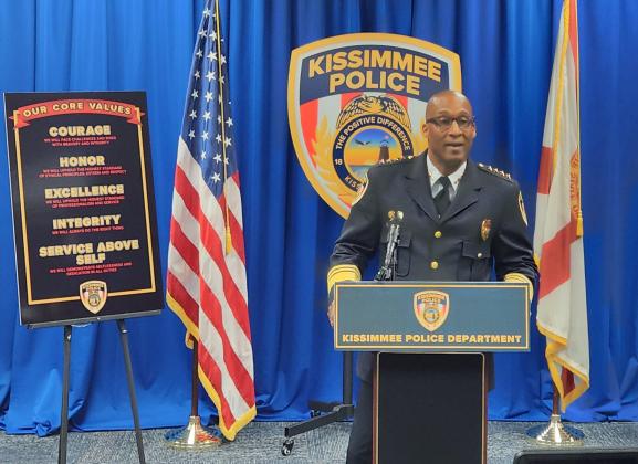 Kissimmee Police Chief Charles Broadway details the action taken regarding an investigation into a dozen current and former KPD employees and their role in covering up at least one use of force case.  (Photo/Ken Jackson)