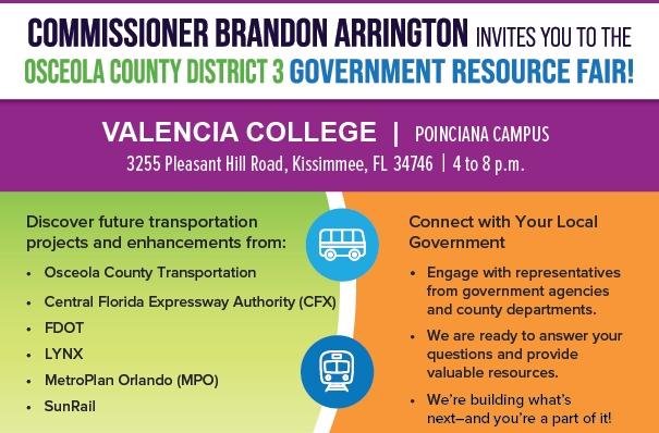 Get an update on future transportation projects from agencies like FDOT, CFX, Lynx, Sunrail and more at a Government Resource Fair on Thursday, July 24.