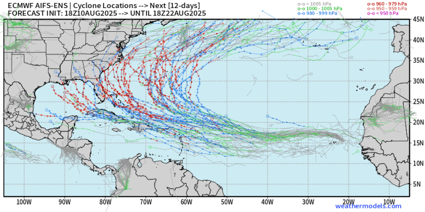 The European model from Sunday night for Invest 97L in the Atlantic, forecast to form into a depression and likely become the first Atlantic hurricane of the 2025 season. (Graphic/Weathermodels.com)