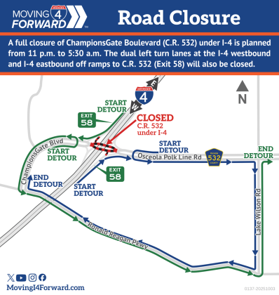 County Road 532, also called ChampionsGate Boulevard, will close to traffic for overpass work overnight much of the coming week. (Graphic/FDOT)