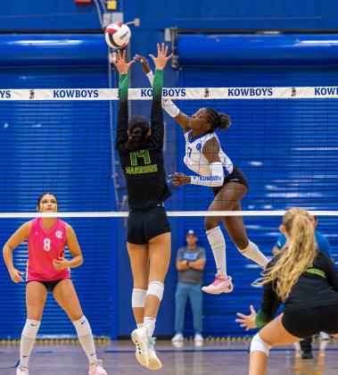 Jordin Southall, who notched 11 kills Wednesday, was as usual just one part of the Kowboy hit parade that powered the team to a spot in the Final Four at Polk State next week. (Photo/Taylor McFee)