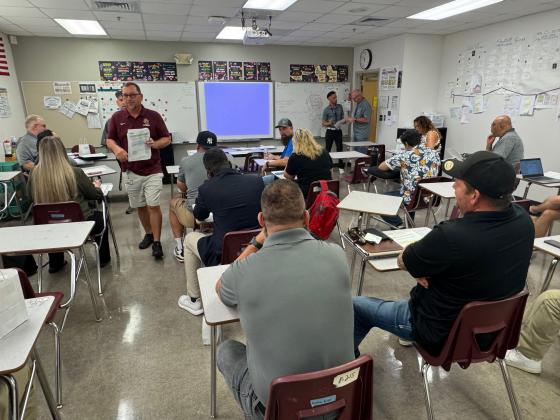 Teachers and business leaders met in small break out sessions to discuss curriculum development at last week's Career and Technical Education (CTE) Advisory Council meeting. (Photo/David Chivers)