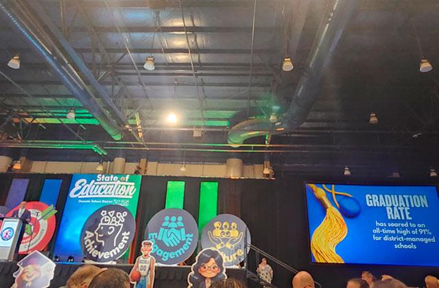 Osceola County School Superintendent Dr. Mark Shanoff shares his vision with the School Board to a crowd at Osceola Heritage Park Wednesday as part of his first State of Education address. (Photo/Ken Jackson)